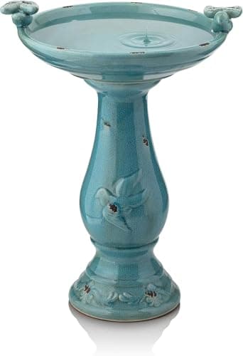 Alpine Corporation 25-Inch Ceramic Antique Pedestal Birdbath with 2 Bird Figurines, Turquoise