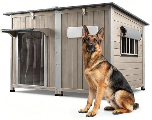 Ketive 55"L Dog House Outdoor Large Breed Extra XL Wooden Dog House with Weatherproof Asphalt Roof, All-Around Iron Frame, Removable Floor, Openable Top Roof, Air Vents Window for Medium to Large Dogs