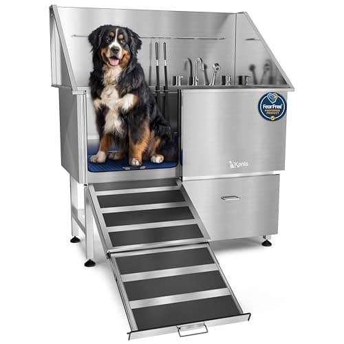 KANIS Professional Dog Washing Station, 304 Stainless Steel Pet Wash Sink & Grooming Bathtub with Shower, Floor Grates and Storage (Silver, 50 in, Left Ramp, 1 Drawer)