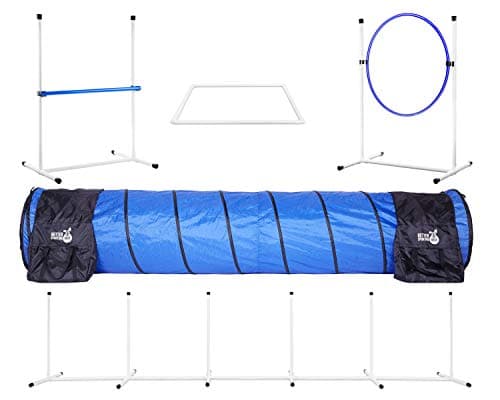 Better Sporting Dogs Complete Starter Agility Set for Dogs | 5 Piece Dog Agility Kit | Agility Jump | Tire Jump | Weave Poles | 10' Tunnel with Sandbags | Pause Box