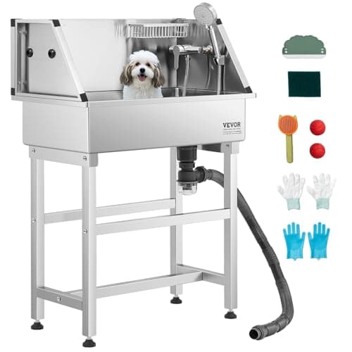 VEVOR Professional Dog Washing Station, 34-inch Stainless Steel Pet Grooming Tub with Hot & Cold Faucet, Showerhead, Storage Rack, No-Bend All-in-One Bathtub