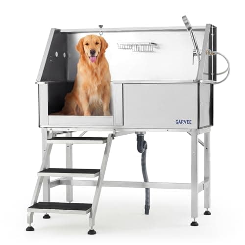 Garvee 46-inch Stainless Steel Dog Washing Station, Heavy-Duty Pet Grooming Bathtub with Access Stairs, Brushed Finish (Left Door)
