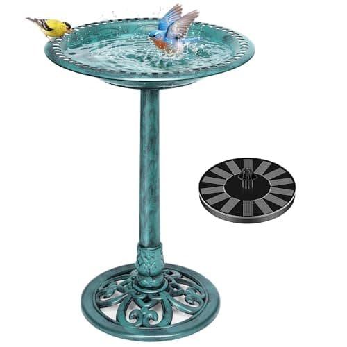VIVOHOME Bird Bath with Solar Fountain, Polyresin Pedestal Birdbath with Solar Powered Pump and 20-Inch Bowl, Green