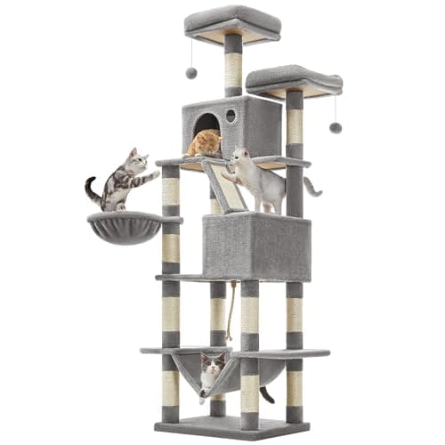 Feandrea 81.1-Inch Large Cat Tower, Multi-Level Condo With 13 Scratching Posts, 2 Perches, 2 Caves, Basket and Hammock, Light Gray