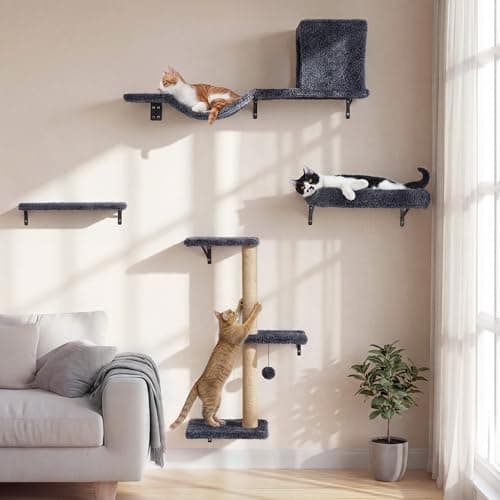 FUKUMARU Cat Wall Shelves, Stable & Safe 5 in 1 Cat Walls Furniture Set, Wooden Kitten Climbing Wall with Scratching Post for 16 Inch Drywall - Gray