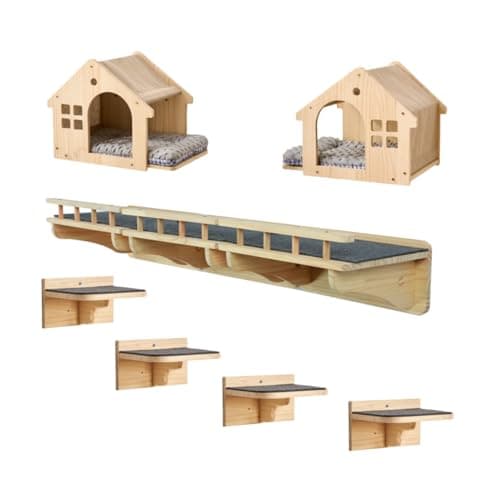 SHENGOCASE Wall Mounted Cat Furniture Set, Natural Wood, 47.2 inch Balcony Perch with Guardrail, 4 Steps, 2 Houses with Cushions