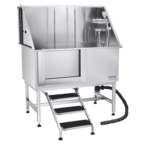 VEVOR Stainless Steel Dog Washing Station, Professional 50-inch Pet Grooming Tub with Stairs, PE Water Filter Board, Faucet & Showerhead & Soap Holder (Left Door)