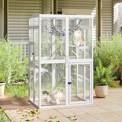 Coziwow Upgraded Catio Outdoor Cat Enclosure with Window Access, Wooden Cat House Shelter with Platforms & Hammock (White)