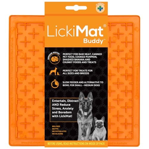 LickiMat Classic Buddy Slow Feeder for Dogs Lick Mat Boredom Anxiety Reducer Perfect for Food Treats Yogurt Liquid Food Peanut Butter Fun Alternative to a Slow Feed Dog Bowl, Orange