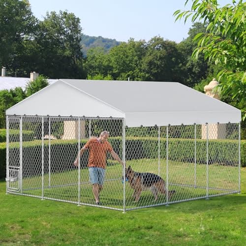 YITAHOME 14.8' x 14.8' Large Outdoor Dog Kennel with Roof and Rotating Feeder Bowls