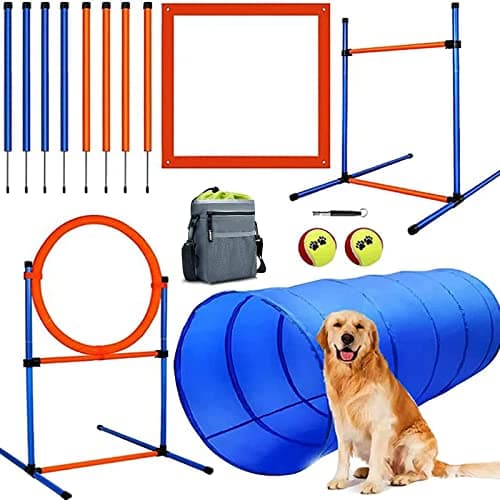 JMMPOO Dog Agility Training Equipment, 60-piece Dog Obstacle Course Training Starter Kit Pet Outdoor Game with Tunnel, Agility Hurdle, Weave Poles, Jump Ring, Pause Box, Toy Balls and Storage Bag