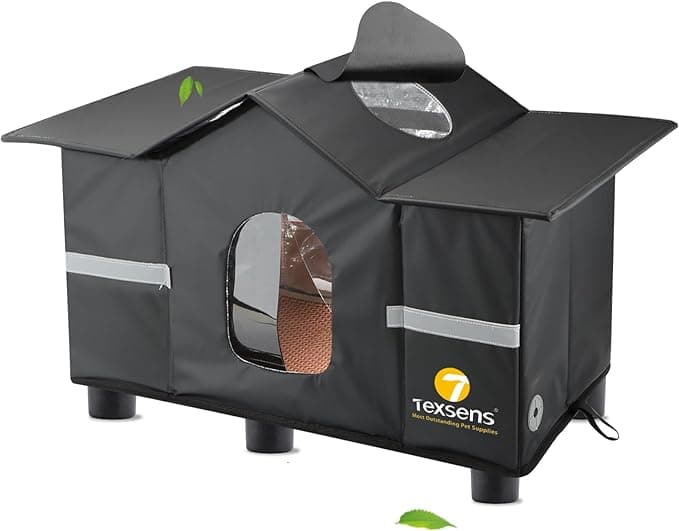 Texsens Outdoor Cat House, Weatherproof Large Cat Shelter with Roof Window, Insulated Elevated House for Stray/Barn Cats