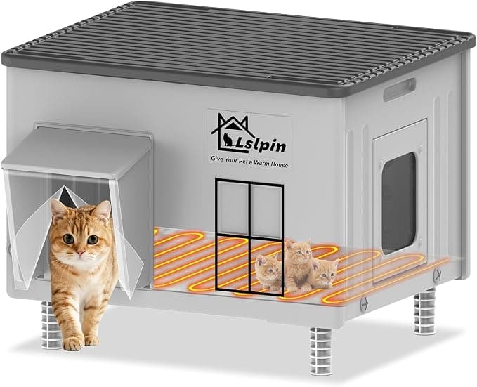 Lslpin Large Heated Cat House for Outside Cats in Winter, Weatherproof & Insulated, with Escape Door and Heating Pad
