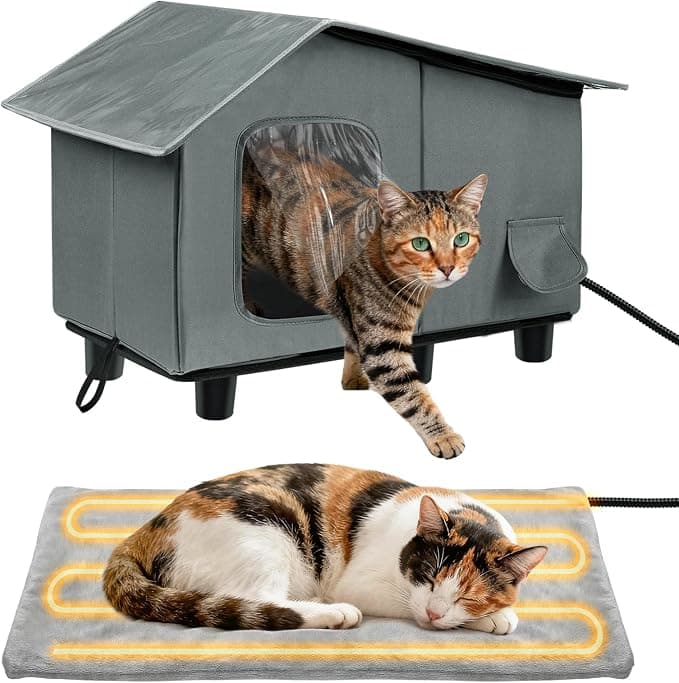 Elevated Heated Cat House for Outdoor (MEWTOGO), Weatherproof Feral Cat Shelter with Escape Door, Gray