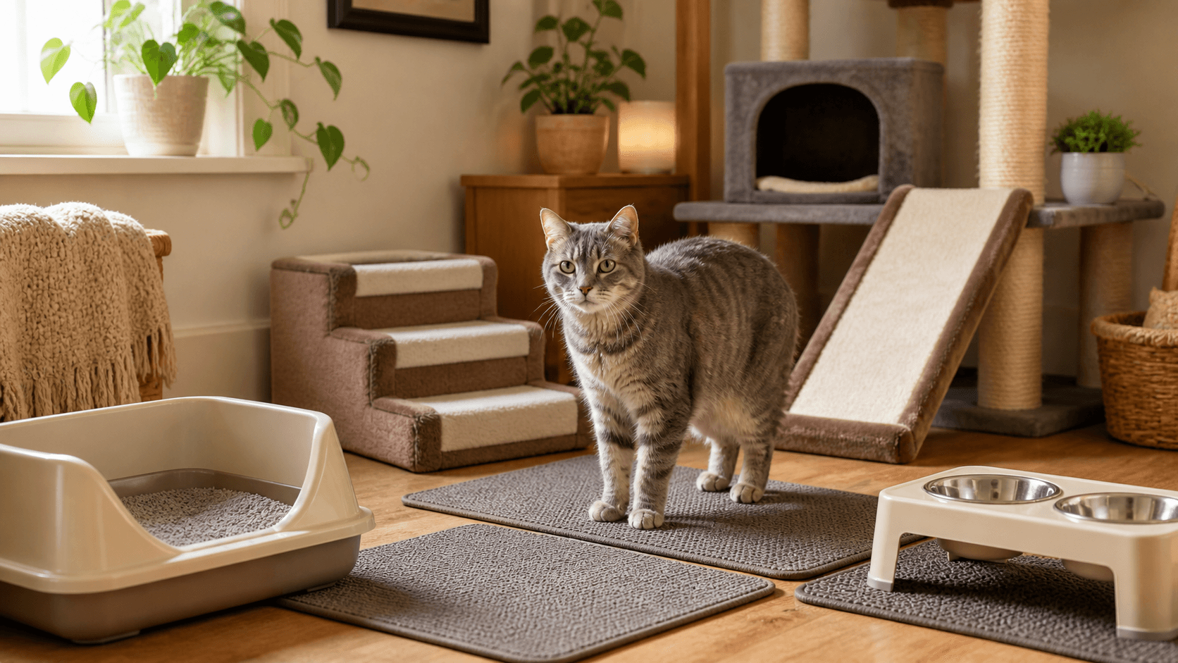 Senior Cat Accessibility Setup: Low-Entry Litter, Raised Bowls, Steps & Traction