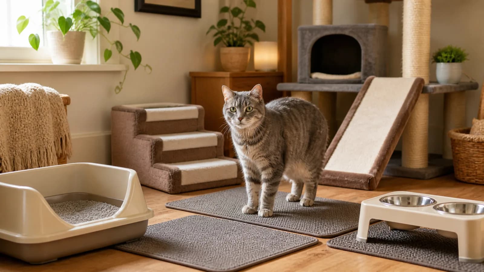 Senior Cat Accessibility Setup: Low-Entry Litter, Raised Bowls, Steps & Traction