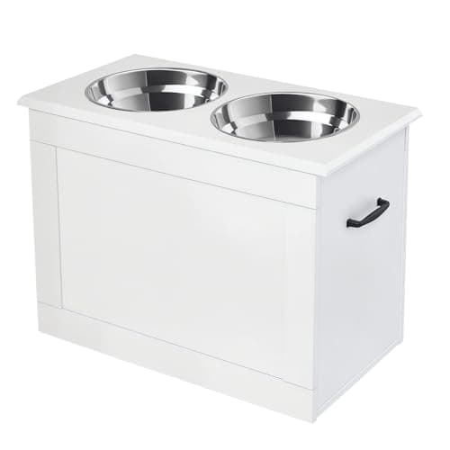PawHut Raised Feeding Storage Station with 2 Stainless Bowls and Built-in Storage