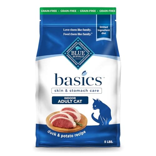 Blue Buffalo Basics Grain-Free Dry Cat Food, Skin & Stomach Care, Limited Ingredient Diet for Indoor Cats, Duck & Potato Recipe, 5-lb. Bag