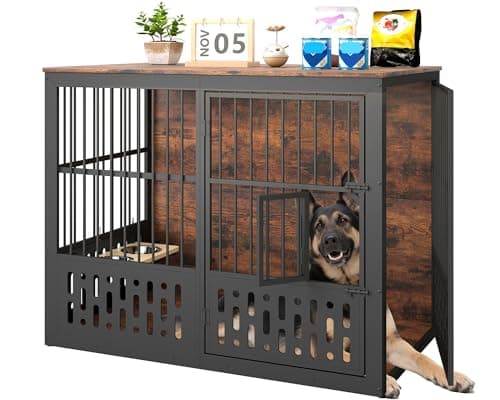 Yafylly 48 Inch XXL Dog Crate Furniture, Wooden Chewproof Dog Kennel with Interactive Window