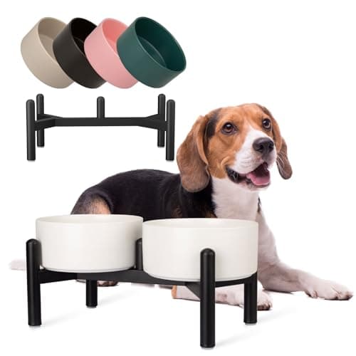 PTOBER Raised Ceramic Dog Bowl Set with Wooden-Style Stand