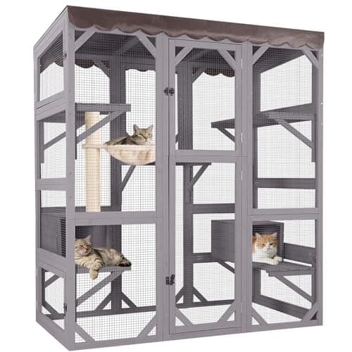 Aivituvin Catio Outdoor Cat Enclosure with 7 Platforms, 2 Resting Boxes, Walk-In Kitty Cage with Weatherproof Tarp Roof, 70-Inch (AIR37)