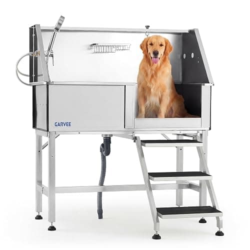 Garvee 46 Inch Stainless Steel Dog Washing Station, Heavy Duty Pet Grooming Bathtub with Access Stairs, Brushed Finish, Right Door Options