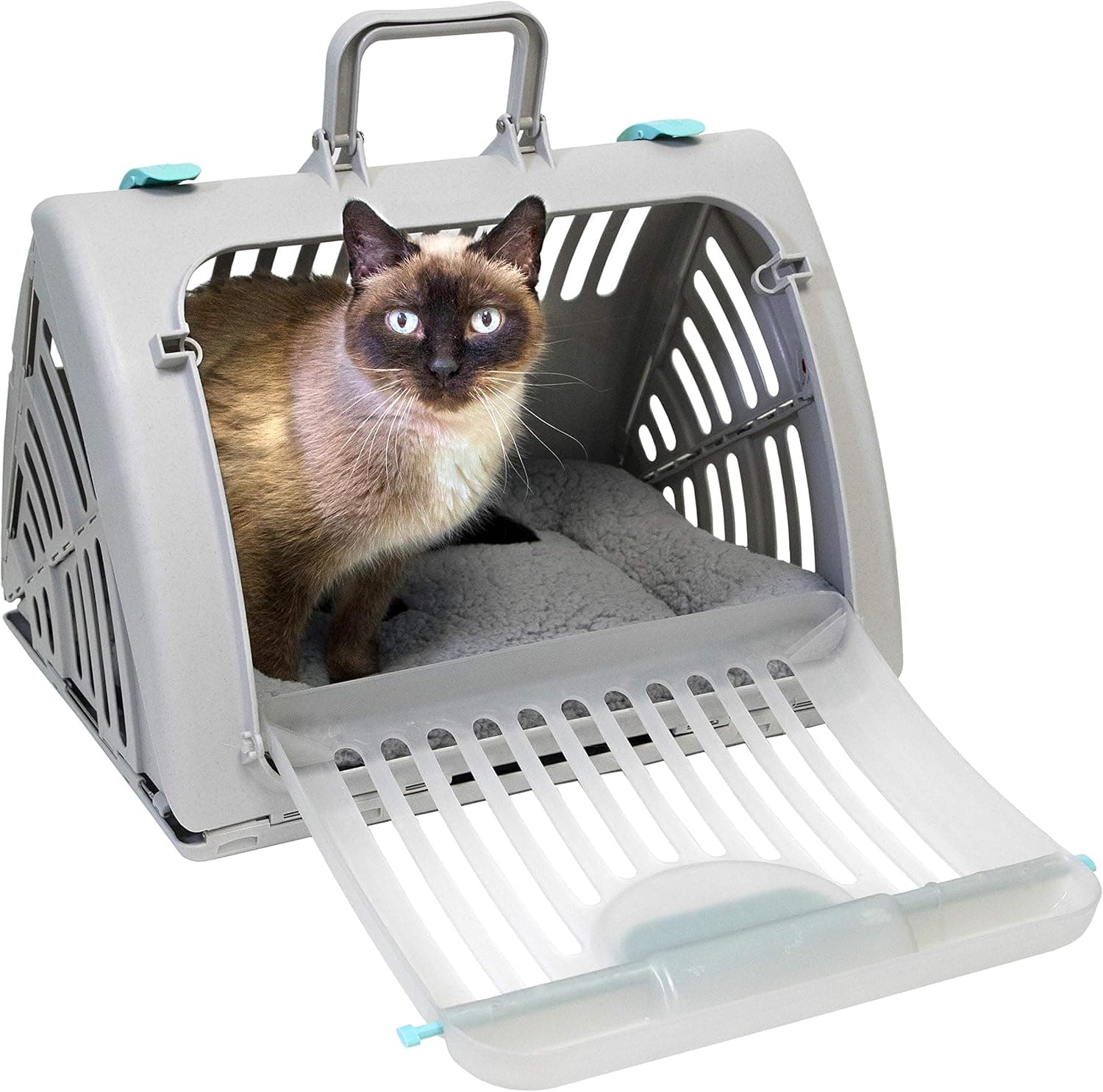 SportPet Large Hard-Sided Travel Cat Carrier with Wide Side-Opening Door, Foldable, with Removable Bed, Gray